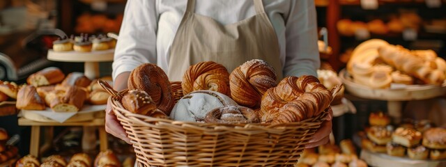 Close-up woman holding wicker basket with many different pastries
