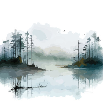Misty lake art clipart iisolated on white background