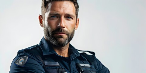 Obraz premium Unwavering Protector: A Steadfast Police Officer's Portrait of Duty and Resolve