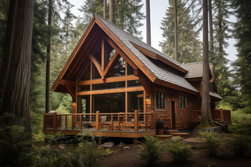 Fototapeta na wymiar Cozy rustic wooden cabin in the forest. Generative AI