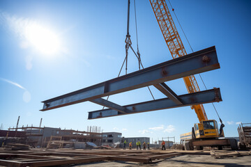 Stack of steel beams and a crane lifting. Generative AI