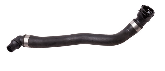 Black plastic hose of the car engine cooling system on a white isolated background in a photo...