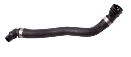 Black plastic hose of the car engine cooling system on a white isolated background in a photo studio for replacement during repair or for a catalog of spare parts for sale on auto disassembly.