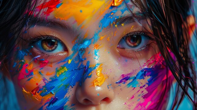Gorgeous girl painting with bold colors, creating abstract art