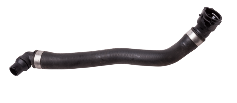 Black plastic hose of the car engine cooling system on a white isolated background in a photo studio for replacement during repair or for a catalog of spare parts for sale on auto disassembly.