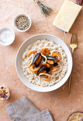 Risotto with mussels, shrimps and squid. Italian cuisine. Seafood.