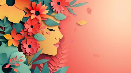 Illustration of face and flowers style paper cut with copy space for international women's day 