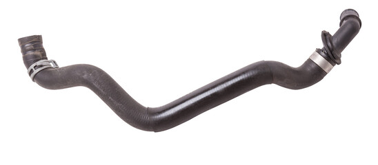 Black plastic hose of the car engine cooling system on a white isolated background in a photo studio for replacement during repair or for a catalog of spare parts for sale on auto disassembly.