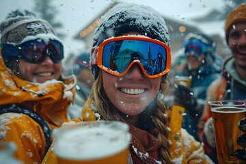 Skiers celebrating at après ski party enjoying aprèsski festivities at ski resort. Concept Ski Resort, Après Ski Party, Skiing Celebration, Winter Festivities, Mountain Getaway