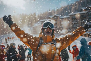 Après-ski celebrations at a vibrant resort with winter sports enthusiasts. Concept Après-ski Parties, Winter Sports, Resort Fun, Celebration Vibes, Vibrant Atmosphere