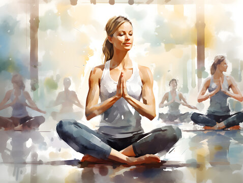 Young woman practicing lotus asana in yoga studio. Padmasana pose. Watercolor painting style.