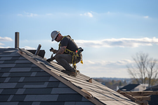 Worker roofer installing shingles atop a new structure. Generative AI