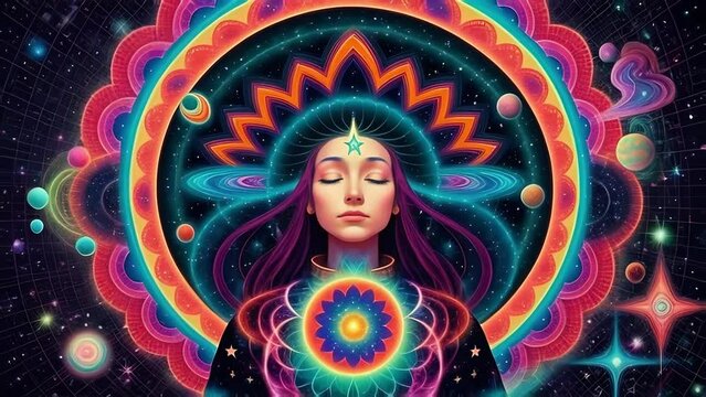 Astral meditation, a woman with third eye sacral practice in trance, neon lights colors, concept of spirituality and healing.