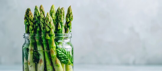 A terrestrial plant, asparagus, is in a glass jar on a table near a window. The plant is submerged in water, making it an ingredient for an upcoming event - Powered by Adobe