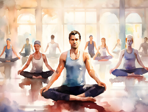 A yoga instructor leading a class in a quiet studio. Well-being, wellness concept. Watercolor painting.