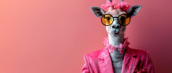 A stylish giraffe dons a chic pink blazer, a feathered collar, and yellow-tinted glasses for a flamboyant and high fashion portrait