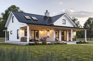 Beautiful modern farmhouse home exterior with large open porch, white walls and black roof at sunset