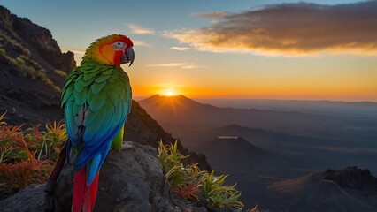 Beautiful colorful macaw parrot sitting on the top of the mountain at sunset
