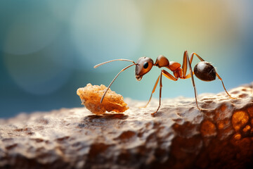 Cute tiny ant carrying a piece of food many times its size. Generative AI