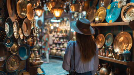 Young traveling woman visiting a copper souvenir handicraft shop in Marrakesh, Morocco - Travel lifestyle concept:: - - obrazy, fototapety, plakaty