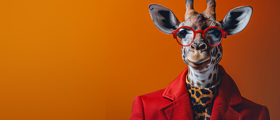 A quirky digital art of a giraffe dressed in trendy attire posing with confidence against an orange background - obrazy, fototapety, plakaty