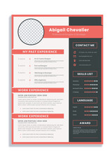 Vector minimalist cv  resume template design with profile photo - red version