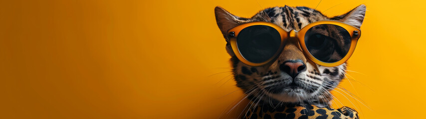 A fashion-forward cat dons trendy eyewear and leopard print, giving a look of utmost sophistication - obrazy, fototapety, plakaty