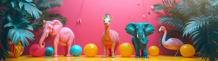 Colorful jungle animals figurines among vibrant balloons in a stylized setup