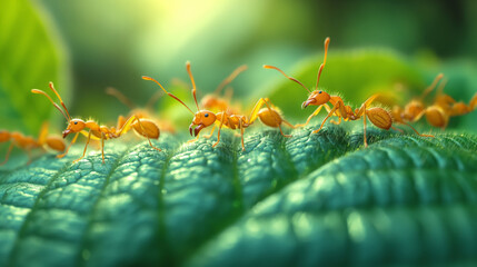 Macro close up view of ants walking on leaf. Group of ants working together from one plant parts into the other plants. Blurred nature background, green and orange colors.