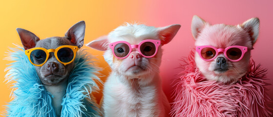 Three vibrant furry coats stand side by side, showcasing a pop of color and texture harmony - obrazy, fototapety, plakaty