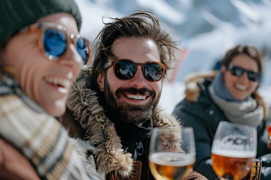 After-ski party at a ski resort with guests socializing joyfully. Concept Winter Party, Apres-Ski, Ski Resort, Socializing, Joyful Atmosphere