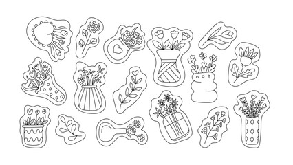 Vase with flowers in doodle style set.