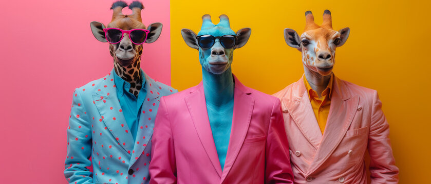 Three giraffes with human bodies in suits and sunglasses stand against a two-tone background, creating a quirky and surreal visual