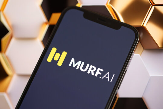 KYIV, UKRAINE - MARCH 17, 2024 Murf AI logo on iPhone display screen with background of artificial intelligence futuristic ai generated image close up