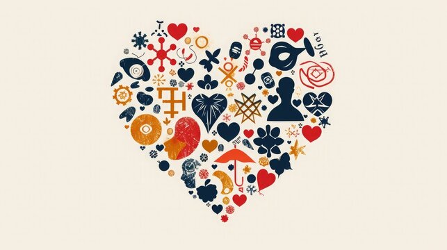 An abstract representation of a heart made up of various cultural symbols, symbolizing the importance of tolerance and understanding in relationships.