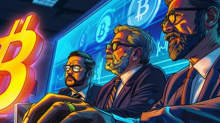 Group of Men Standing by Bitcoin