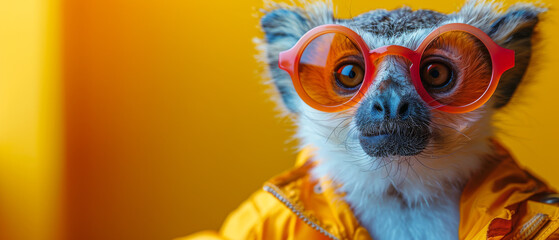 An adorable lemur sporting trendy orange sunglasses and a bright yellow raincoat captivates with its expressive face - obrazy, fototapety, plakaty