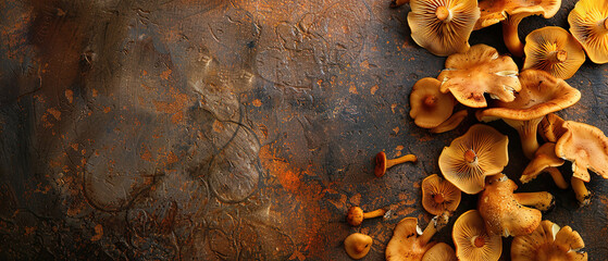 minimalistic brown background with chanterelles with empty copy space
