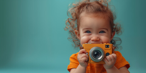 Cute, little baby holding camera over teal background. Banner with copyspace. Shallow depth of field.