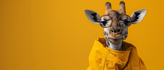 A quirky giraffe sporting trendy eyeglasses and a yellow hoodie giving off a hip and fashionable aura - obrazy, fototapety, plakaty