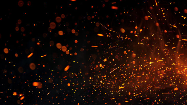 Perfekte Feuerpartikel, Glut, Funken auf schwarzem Hintergrund. Textur&uuml;berlagerungen, staub, blitz, feuer, partikel, asche, hintergrund, isoliert, schwarz, licht, funke, abstrakt, flamme, brennen
