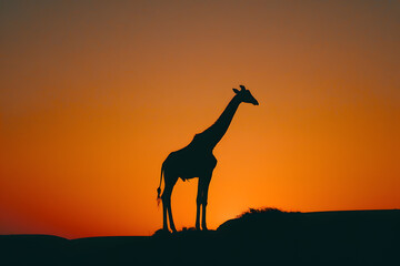 Silhouette of giraffe against a colorful orange sky