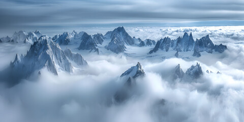 Fantastic panoramic aerial view of snow mountain peaks in clouds