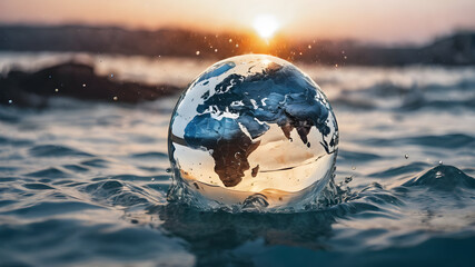 Crystal glass globe in water splash concept for environment and conservation. . Earth crystal glass globe ball. AI generated image, ai