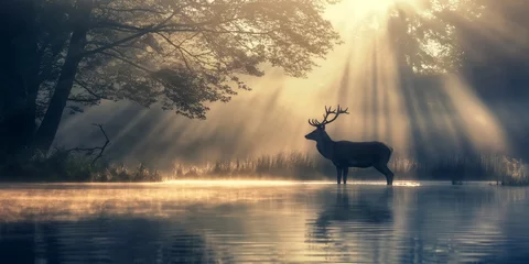  Silhouette of wild Male deer by the river in forest at misty golden morning light © Maizal