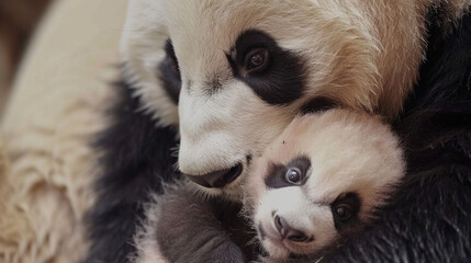 A baby panda cuddled up next to its mother, showcasing the bond between parent and cub in the animal kingdom.
