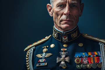 Dignified army general in parade uniform with medals of valor