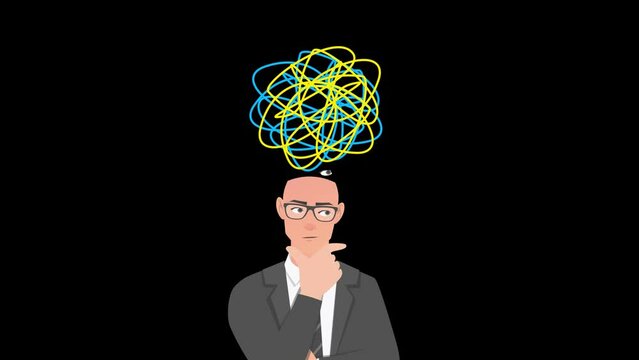 Overwhelmed Business man with perplexed Line over his head. Try to figure out a solution, Psychology Struggle, and Complicated Idea Concept 