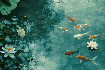 Fototapeta na wymiar A group of goldfish swim in a pond with lily pond 