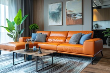 Elegant orange leather sofa with decorative pillows in a stylish living room